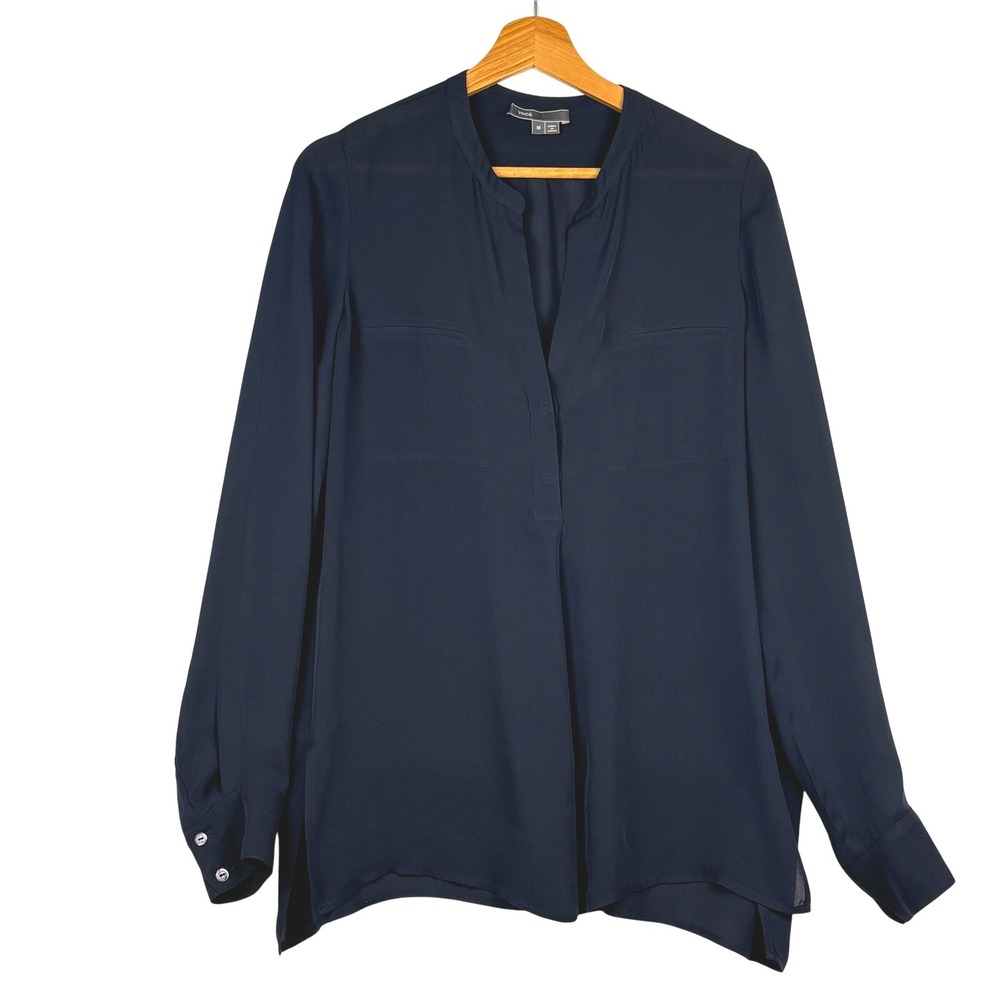 Vince Women Long Sleeve Popover Silk V-neck Blouse M Navy Luxury Minimalist Corp